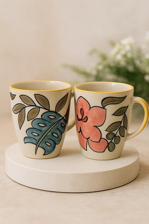 Floral Ceramic Coffee Mugs with Yellow Trim, Hand-Painted Design, Set of 2, White