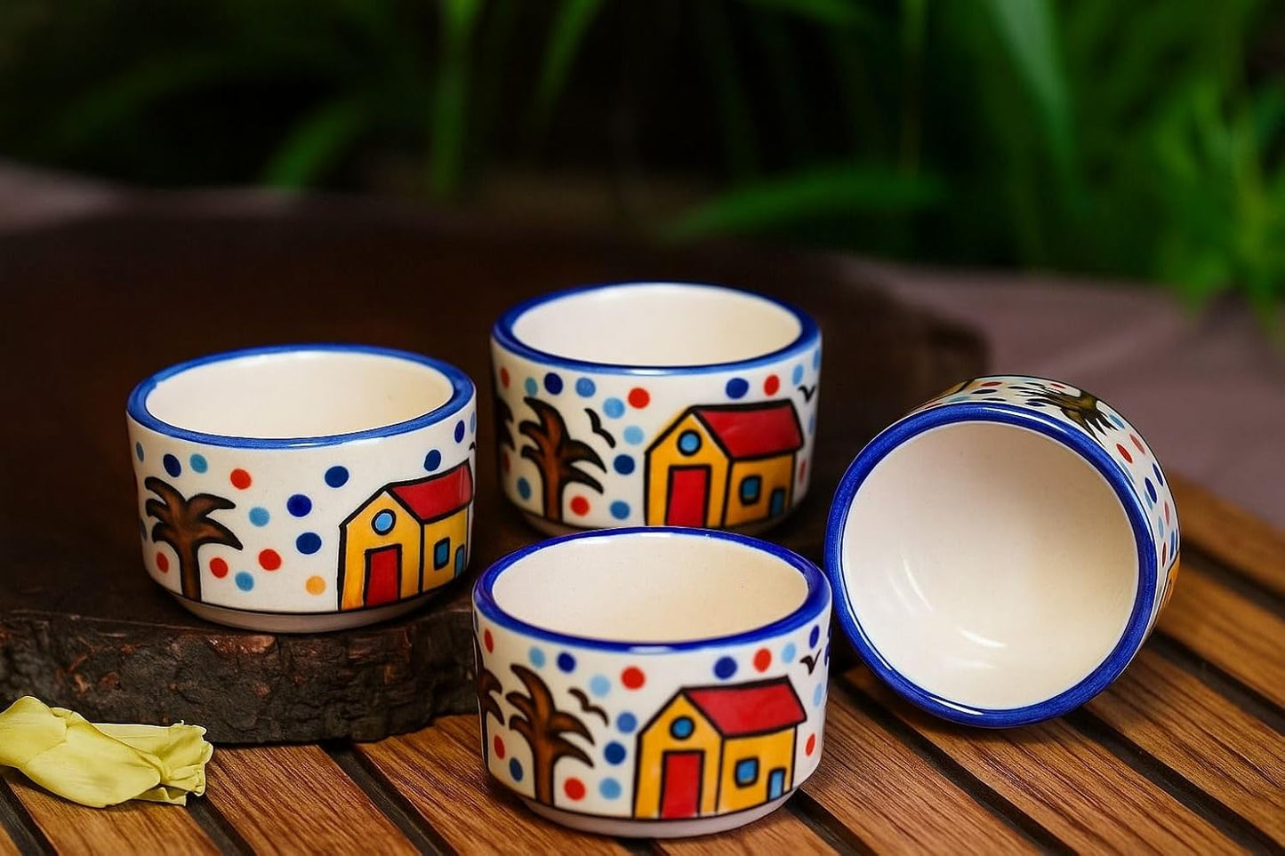 Hand-Painted Ceramic Dip Bowls, Village House Design, Blue and White, Set of 4