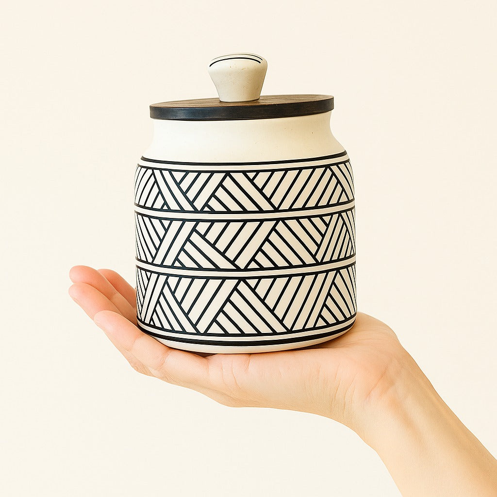 Black and White Chevron hand painted Ceramic jars with wooden Tray