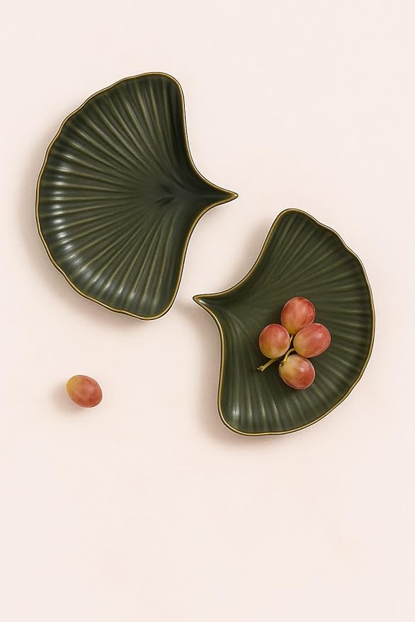 Olive Green Glazed Leaf Ceramic Serving Platter-Set of 2