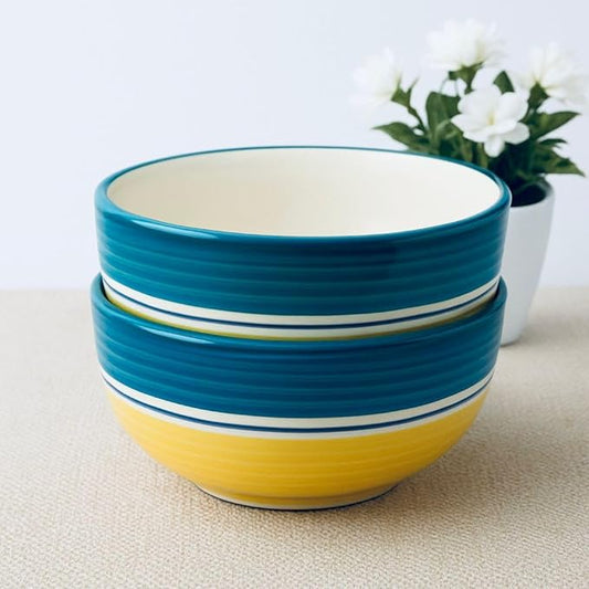 Teal and Yellow Striped, Dishwasher and Microwave Safe-Set of 2