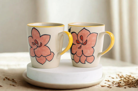 Floral Ceramic Coffee Mugs with Yellow Trim, Hand-Painted Design, Set of 2, White
