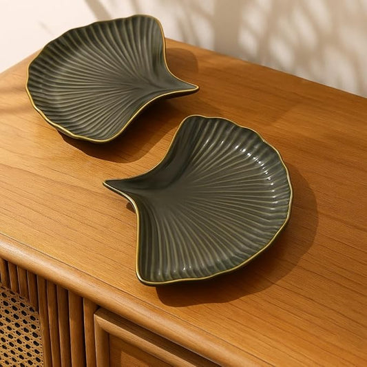 Olive Green Glazed Leaf Ceramic Serving Platter-Set of 2
