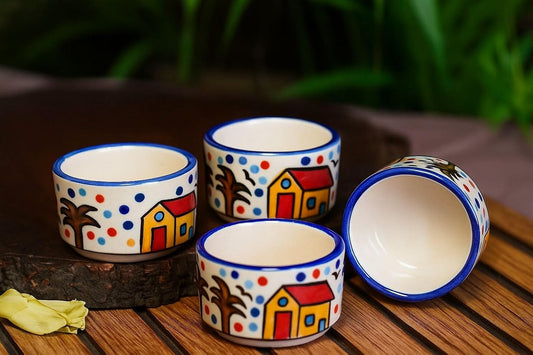Hand-Painted Ceramic Dip Bowls, Village House Design, Blue and White, Set of 4