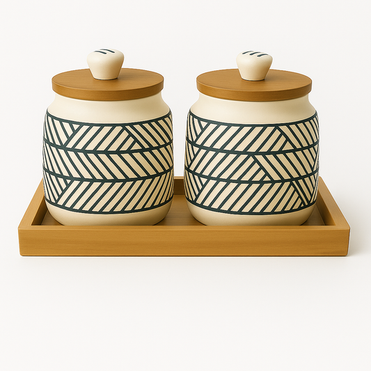 Black and White Chevron hand painted Ceramic jars with wooden Tray