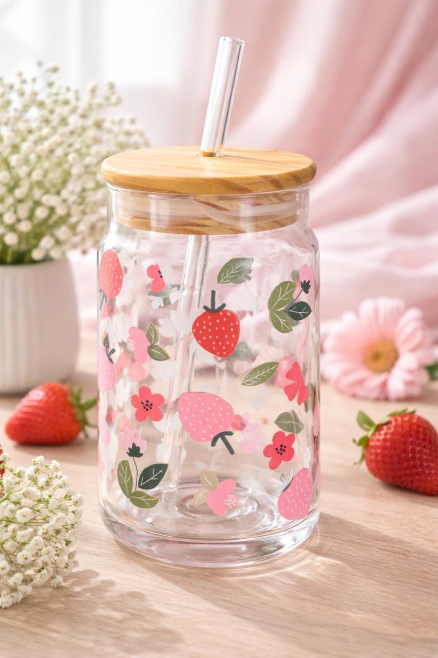 Strawberry Blossom Glass Sipper Jar