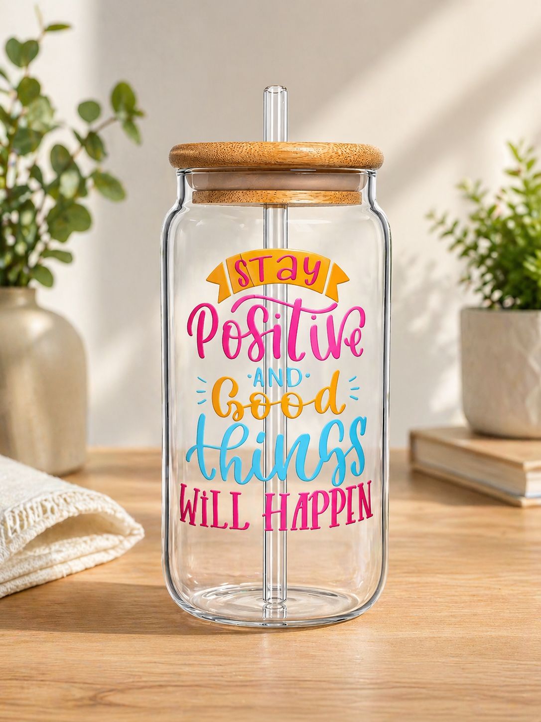 Stay Positive Glass Tumbler with bamboo Lid and Straw - Add a little positivity to you everyday Sips