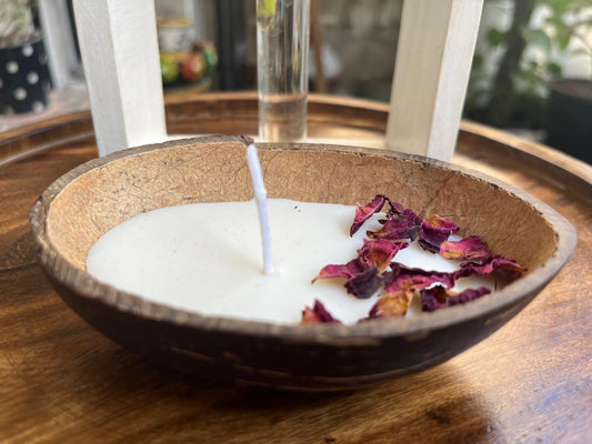 Coconut Shell Scented Candle with Rose Petals