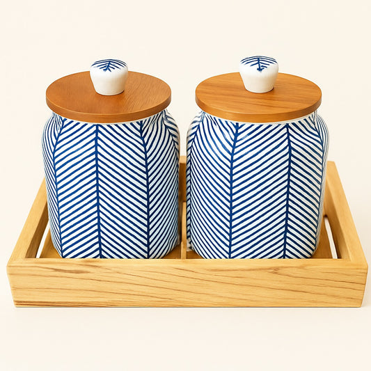 Zig Zag Blue Pattern Jar with wooden Tray
