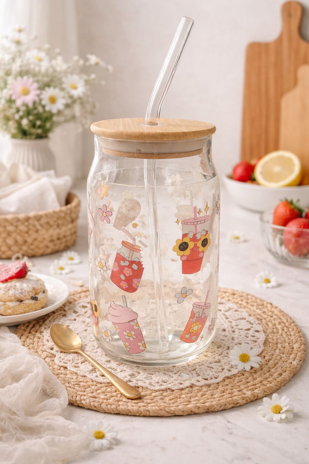 Floral Cafe Glass tumbler With Bamboo Lid and Straw