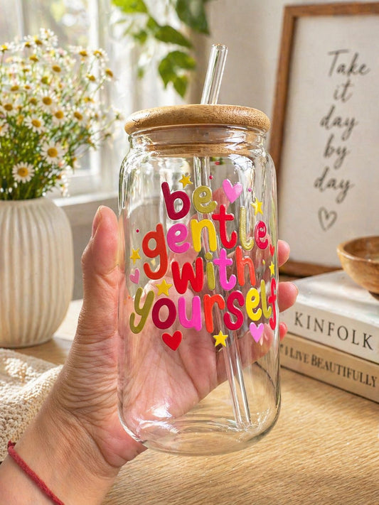 "Be Gentle With Yourself" Glass Tumbler with Bamboo Lid And Glass Straw