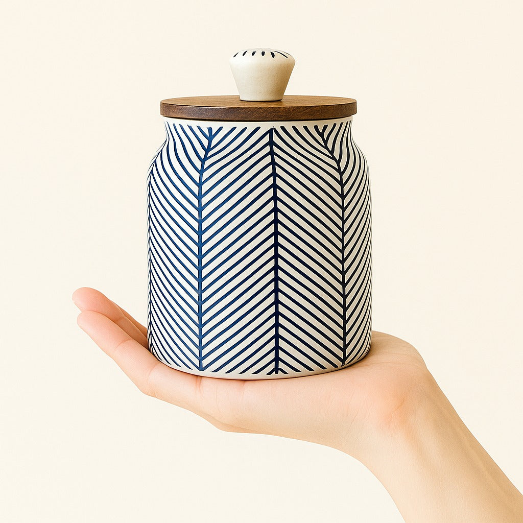 Zig Zag Blue Pattern Jar with wooden Tray
